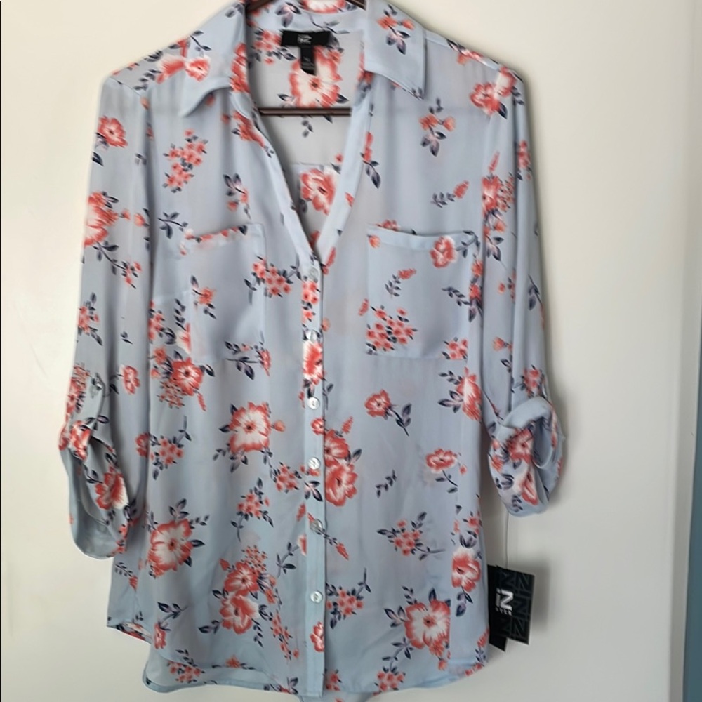 Women’s Floral Button-Up Roll Sleeve Blouse - Light Blue with Flowers